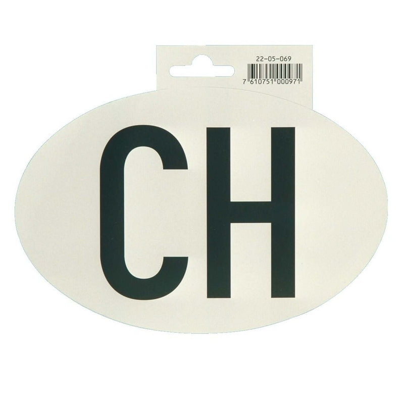 CH-Schild selbstklebend für die Kennzeichnung von Fahrzeugen in der Schweiz, oval mit großen Buchstaben.