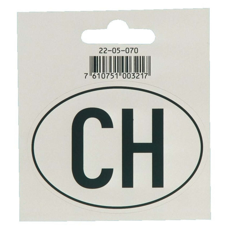 CH-Schild selbstklebend für Fahrzeuge, zeigt internationales Länderkürzel "CH" auf weißem Hintergrund.