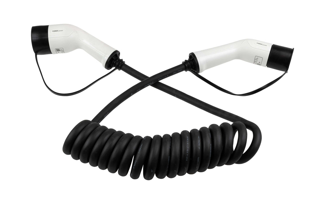 Spiral Ladekabel MOON Typ 2, 5m, 3-phasig, 480V, 32A, Elektroauto-Ladekabel mit Schutzkappen, Typ 2 auf Typ 2, schwarz.