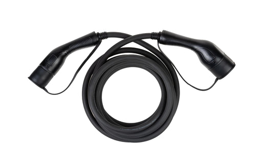 Electric vehicle charging cable Type 2 to Type 2 with protective caps, 3-phase, 480V, 32A, lengths 3m or 5m, IP55 certified.