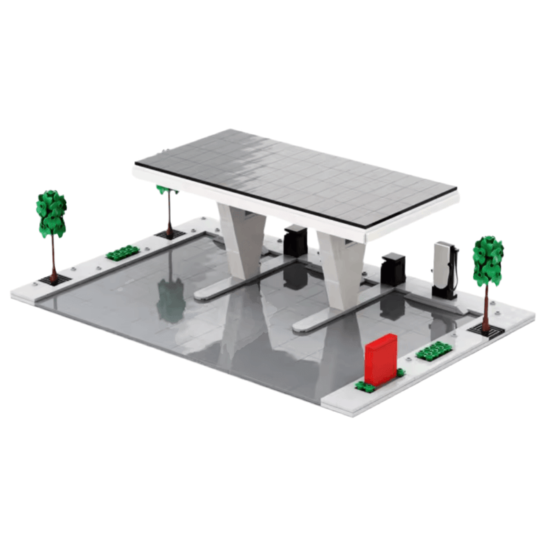 Tesla Supercharger Ladepark aus Bausteinen - detailreiches Modell einer Ladeeinheit für Kinder.