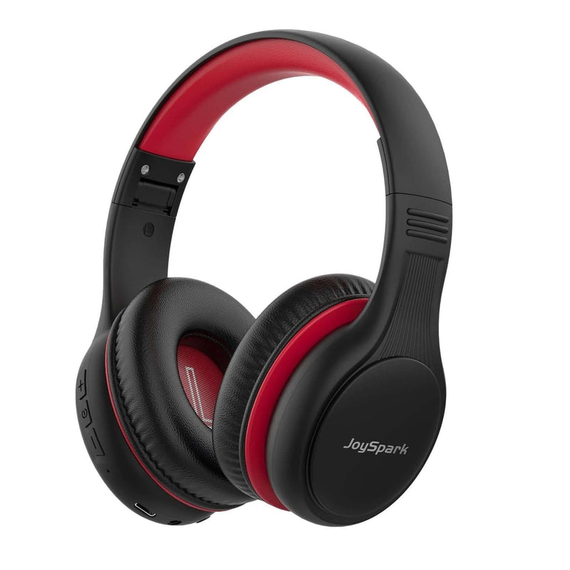 JoySpark Bluetooth-Kopfhörer für Kinder mit weichen Ohrmuscheln und verstellbarem Kopfbügel, schwarz-rot.