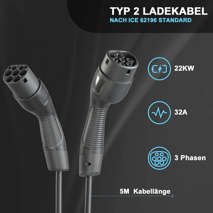 Typ 2 Ladekabel 22KW mit 5M Kabellänge, IEC 62196 Standard, 32A, vielseitig für EVs und PHEVs geeignet.