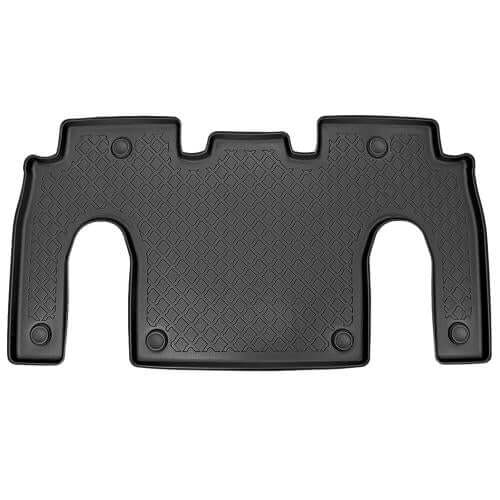 Black 3D all-weather floor mat for Tesla Model X, with high protective edges and fastening clips, made from durable TPE material.