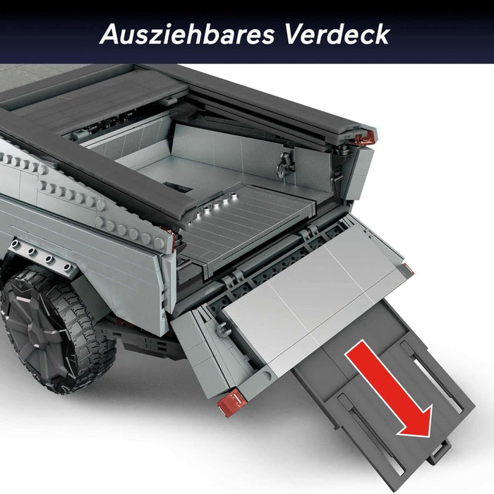 Detailansicht des ausziehbaren Verdecks des Tesla Cybertruck MEGA Construx Bausatz.