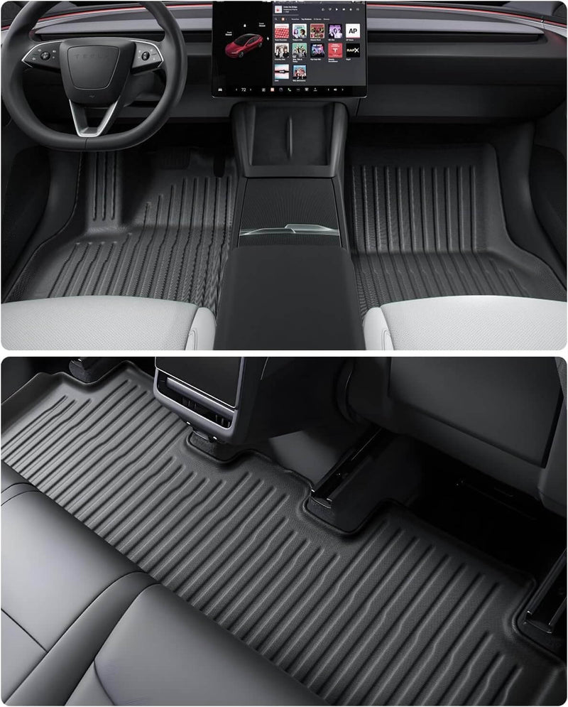 Allwettermatten für Tesla Model Y ab 2025 im Innenraum mit erhöhten Rändern und rutschfester Oberfläche.