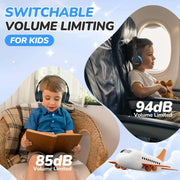 Kids using Bluetooth headphones with switchable volume limiting at 85dB and 94dB for safe listening.
