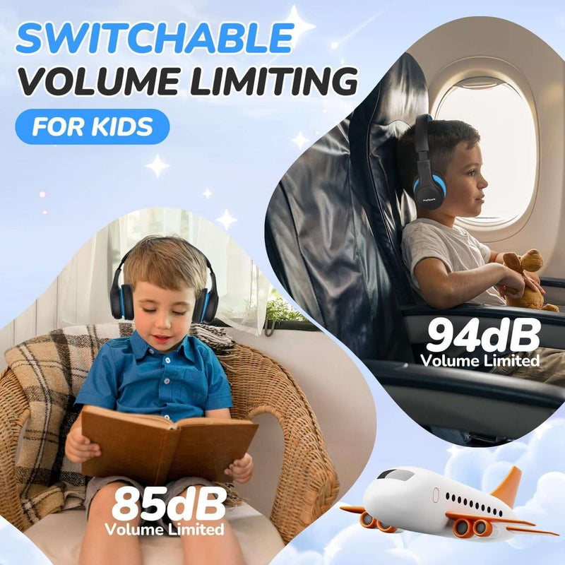 Kids using Bluetooth headphones with switchable volume limiting at 85dB and 94dB for safe listening.