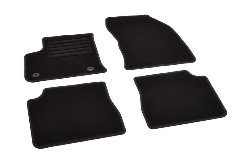 Schwarze Textil-Fussmatten für Citroen E-C4, E-C4 X und Peugeot e-2008, rutschhemmend und langlebig.