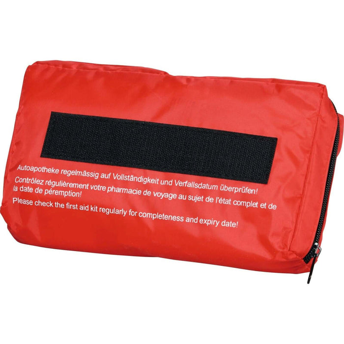 44-piece first aid kit in red pouch with Velcro, meets EU standards, essential for vehicles, includes emergency supplies.