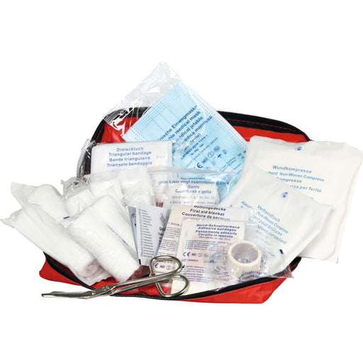 44-piece first aid kit in practical bag featuring bandages, scissors, and more, meets EU standard DIN 13164.