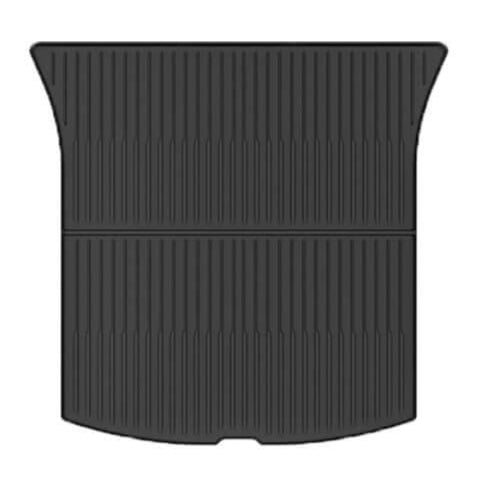 Kofferraumwanne für Tesla Model Y Juniper in schwarz, rutschfeste, wasserdichte Gummimatte mit erhöhter Seitenkante.