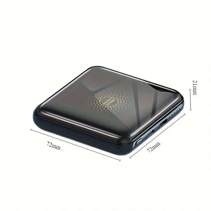 Black Powerbank Magsafe Zian 5000 mAh with dimensions 72x72x21mm, showcasing compact design and advanced charging technology.