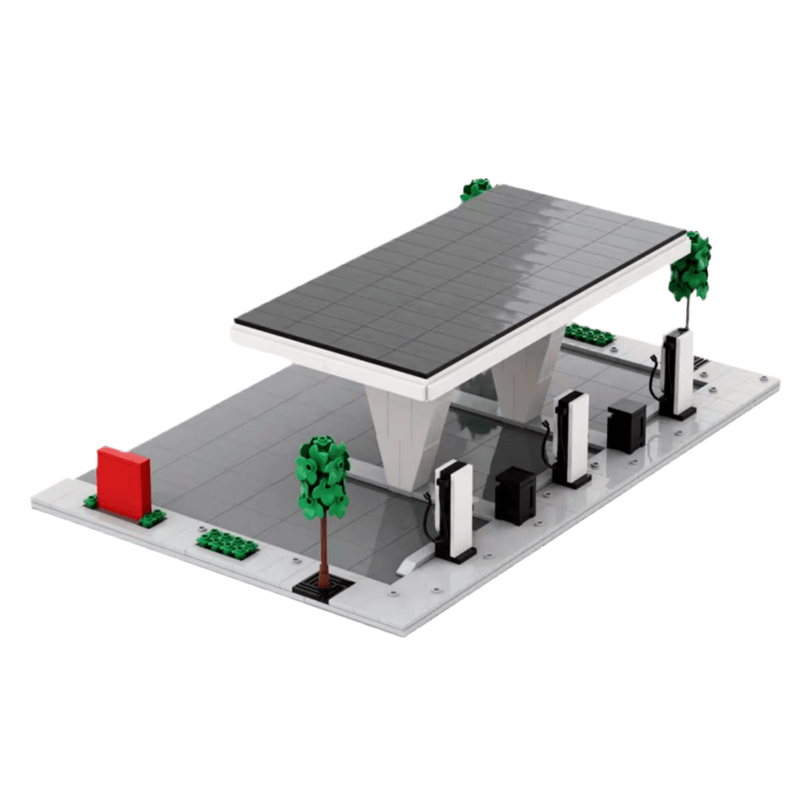 Detailansicht des Tesla Supercharger Ladepark aus Bausteinen mit Ladesäulen und Bäumen.
