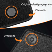 Detailansicht der Textil Fussmatten für Renault Zoe, mit Befestigungssystem und rutschfester Unterseite.