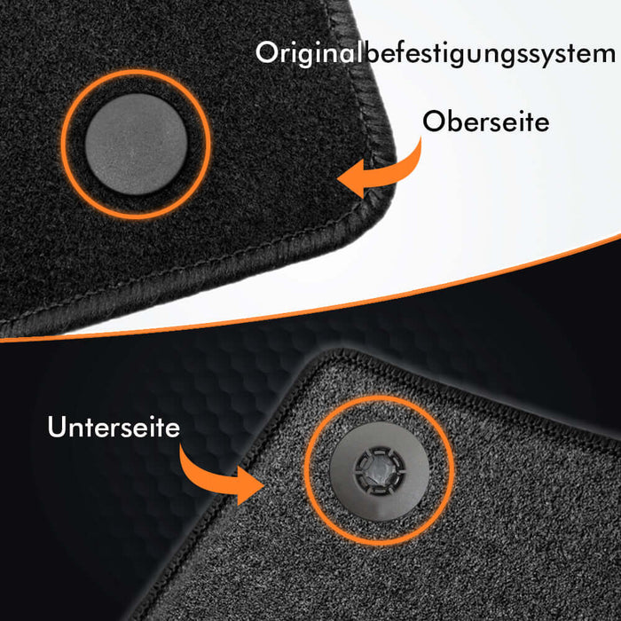 Detailansicht der Textil Fussmatten für Renault Zoe, mit Befestigungssystem und rutschfester Unterseite.