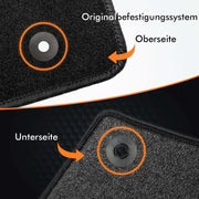 Detailaufnahme der Textil-Fussmatte mit Ober- und Unterseite, inklusive Befestigungssystem.