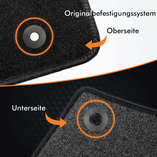 Detailaufnahme der Textil Fussmatten mit Befestigungssystem und rutschfester Unterseite für Citroen E-C4 und Peugeot e-2008.