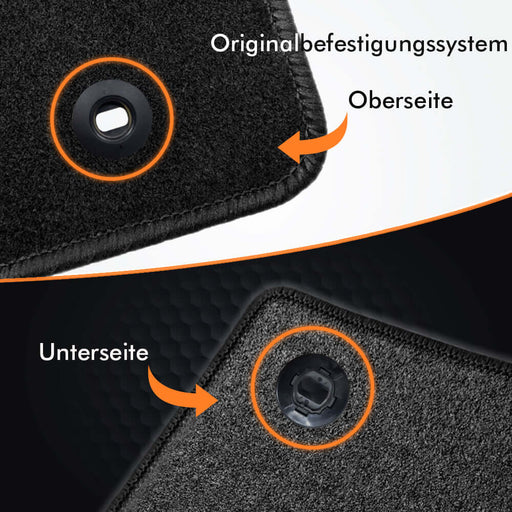Detailaufnahme der Textil Fussmatten mit Oberseite und rutschfester Unterseite für sicheren Halt im Fahrzeug.