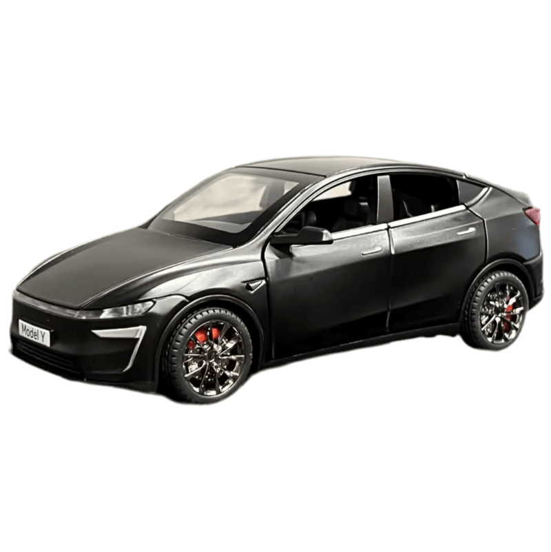 Tesla Model Y Juniper 2025 Modellauto 1/32 in schwarz mit detailliertem Design und gummierten Reifen.