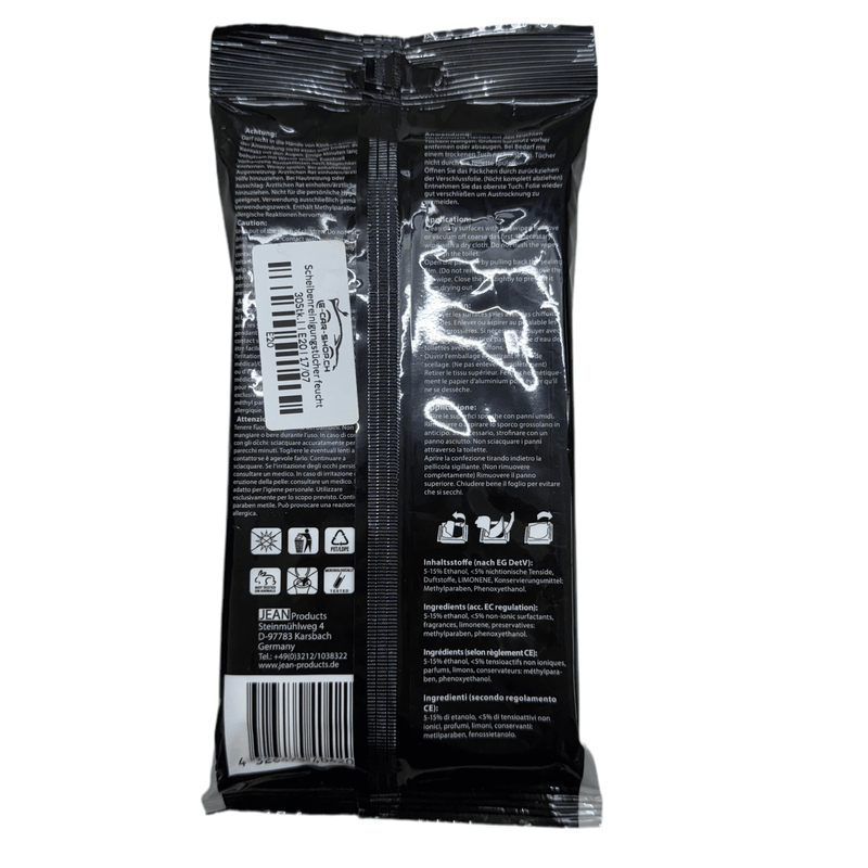 Scheibenreinigungstücher feucht 30Stk. Packung hinten mit Inhaltsstoffen und Anwendungshinweisen.