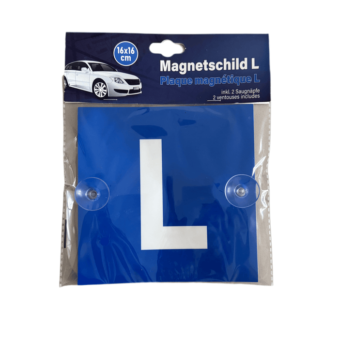 Magnetschild Lernfahrer mit Saugnapf in blauer Verpackung, ideal für Lehrfahrten und einfache Befestigung.