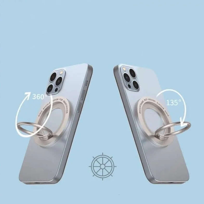 360° smartphone ring holder with Magsafe technology showing rotation angles on a sleek phone.