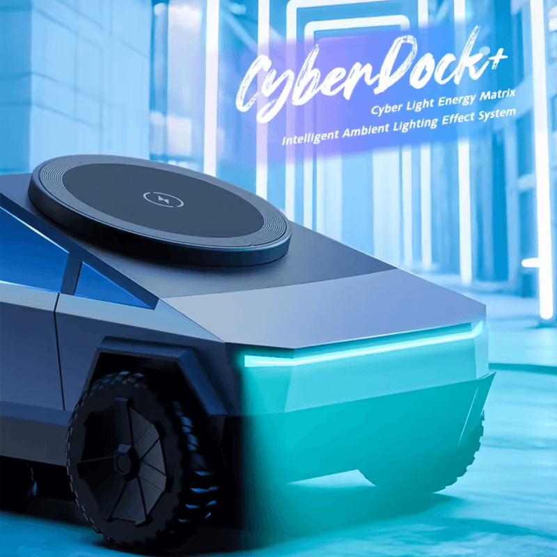 3 in 1 Tesla Cybertruck Magsafe Chargerstation on futuristic vehicle design with ambient lighting.