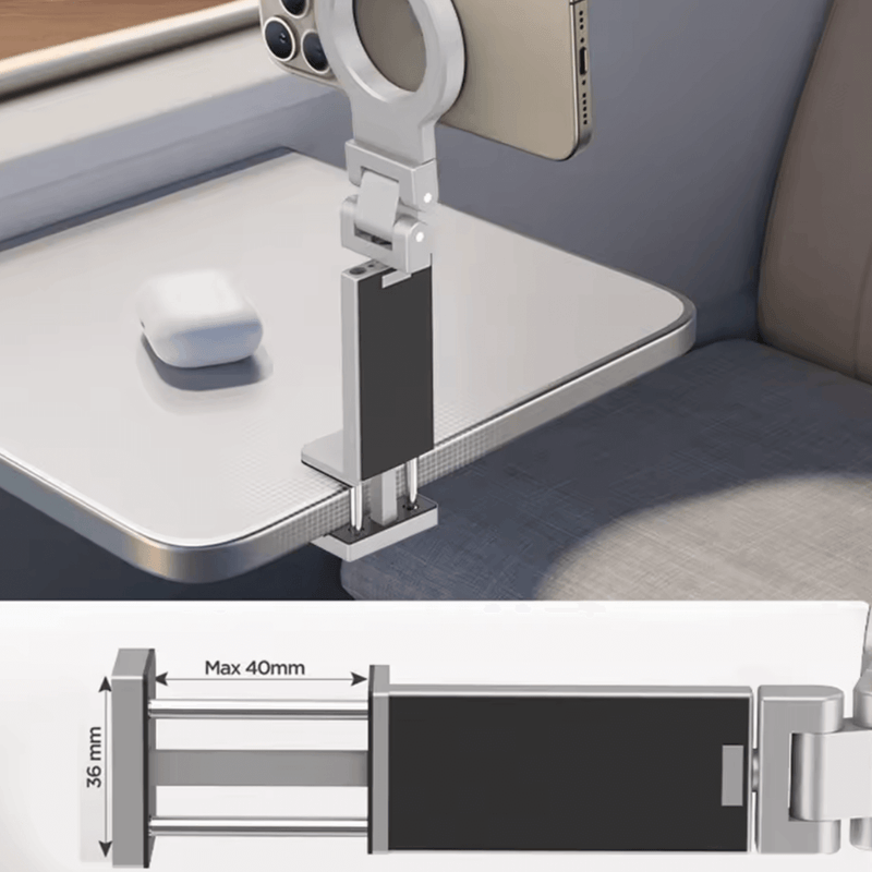 Magsafe Drehhalterung Universal with adjustable clamp for devices, showcasing dimensions and installation option.