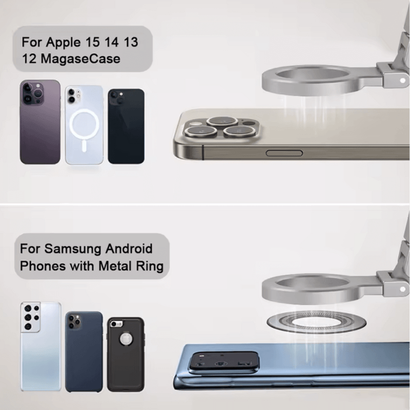 Magsafe Drehhalterung Universal compatibility for Apple and Samsung phones with magnetic features.