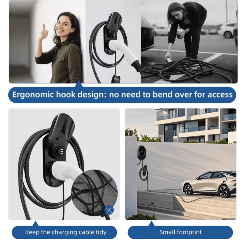 Wandhalterung für Ladekabel Typ 2 mit Zahlenschloss, ergonomisches Design für einfache Nutzung und Kabelorganisation.