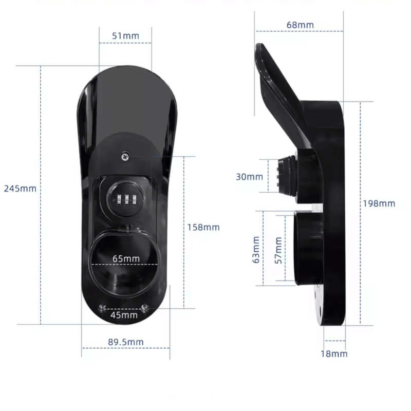 Wandhalterung für Ladekabel Typ 2 mit Zahlenschloss, Abmessungen und Design für einfache Montage.