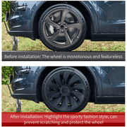 Radkappen 19 Zoll matt schwarz Tesla Model Y Juniper: Vorher-Nachher-Bild der Fahrzeugräder.