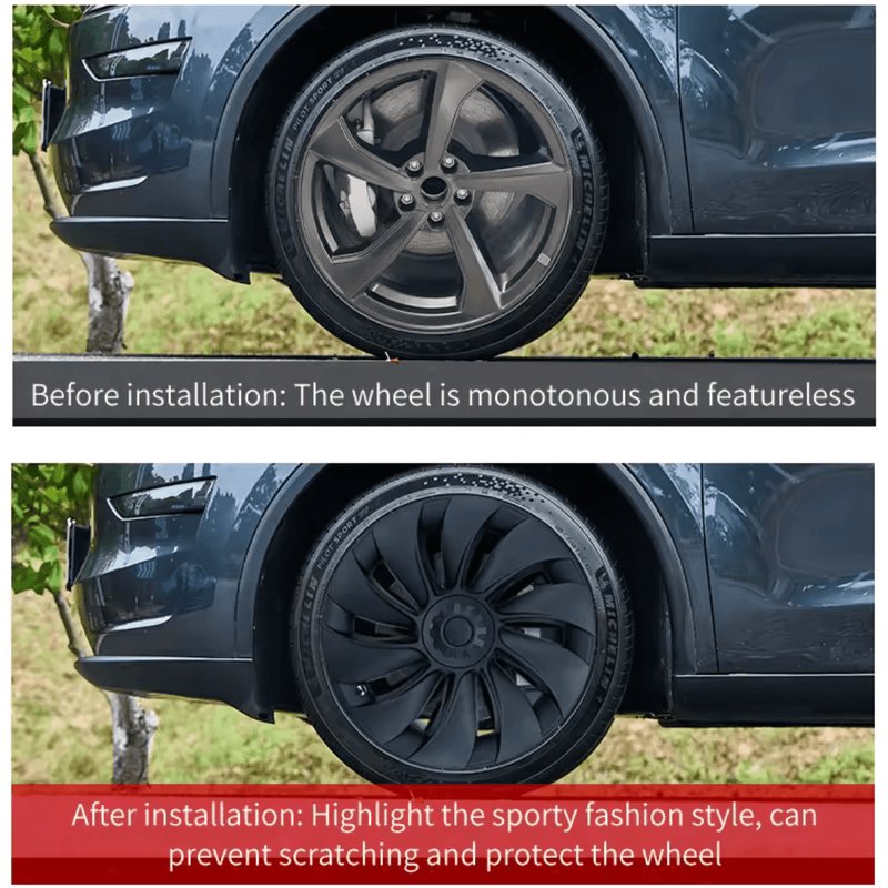 Radkappen 19 Zoll matt schwarz Tesla Model Y Juniper: Vorher-Nachher-Bild der Fahrzeugräder.