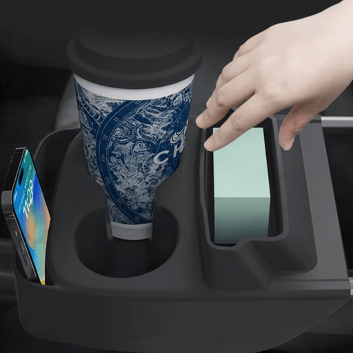 Mittelkonsole Getränkehalter Organizer für Tesla Model Y Standard 2025 mit Becher und Smartphone.