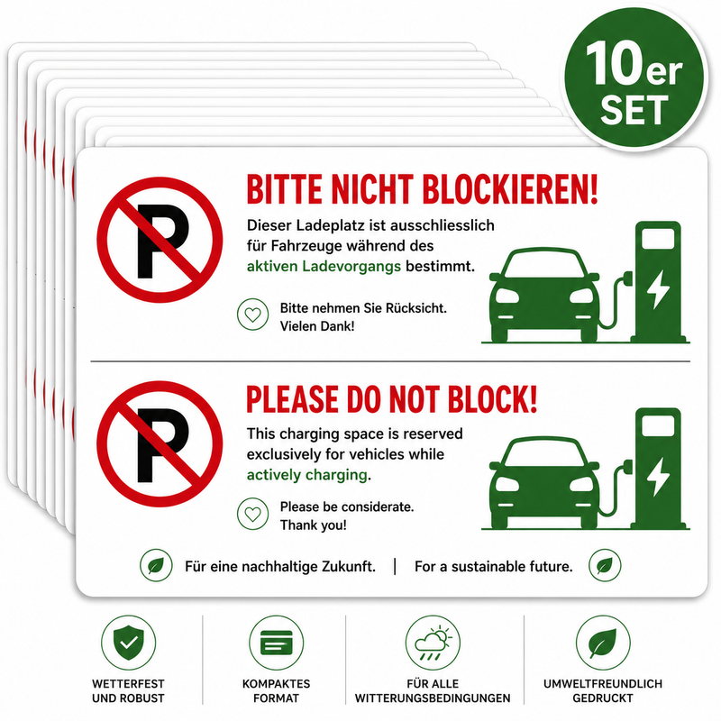 Hinweiskarten für blockierte Elektroauto-Ladeplätze (DE/EN) – 10er-Set