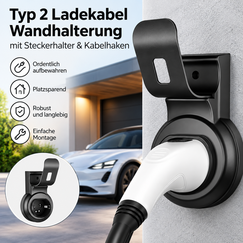 Typ 2 Ladekabel Wandhalterung mit Steckerhalter & Kabelhaken