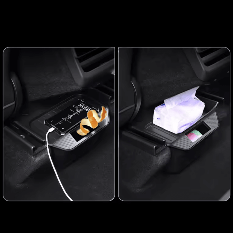 Organizer für hintere Mittelkonsole des Tesla Model Y mit Platz für Handytasche und Taschentücher.