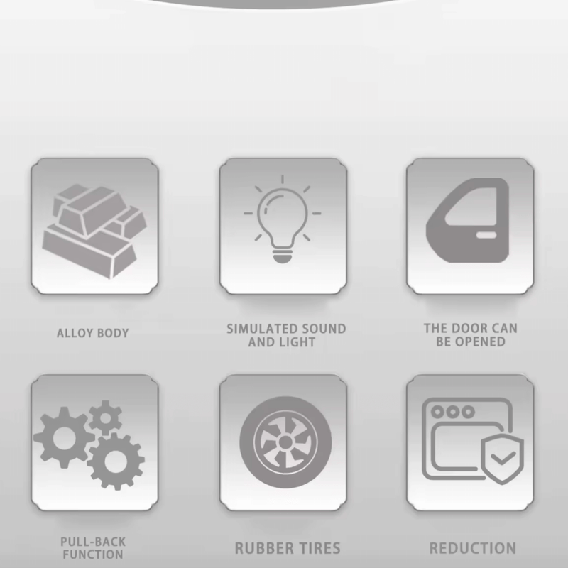 Features of the Tesla Cybercab Robotaxi Modellauto 1/32: alloy body, sound, light, openable door, pull-back, rubber tires.