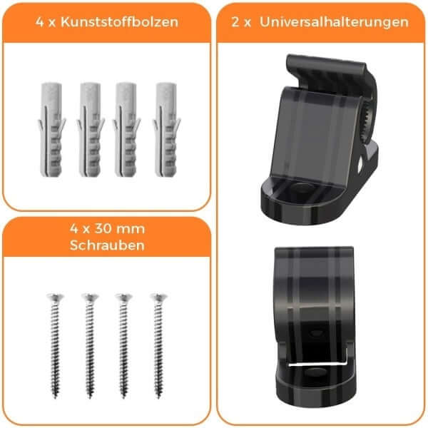 Set mit Universalhaltern und Schrauben für Kabelwandhalterung von EV-Ladegeräten, inklusive 4 Kunststoffbolzen.