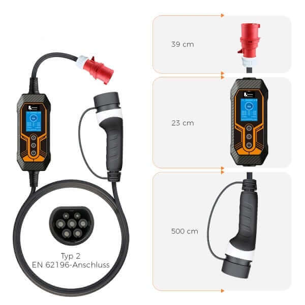 Tragbares EV Ladegerät Typ2 16A mit Wi-Fi-App, inklusive 39cm und 500cm Kabel, für schnelles Laden von Elektroautos.