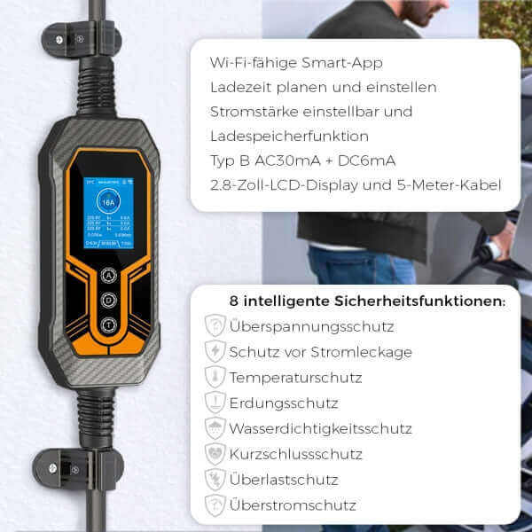 Tragbares EV Ladegerät Typ2 16A mit Wi-Fi-App, LCD-Display, 5-Meter-Kabel und 8 Sicherheitsfunktionen.