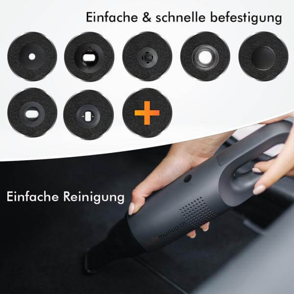 Zubehörteile für einfache Befestigung und Reinigung mit Handstaubsauger, dargestellt mit verschiedenen Aufsätzen.