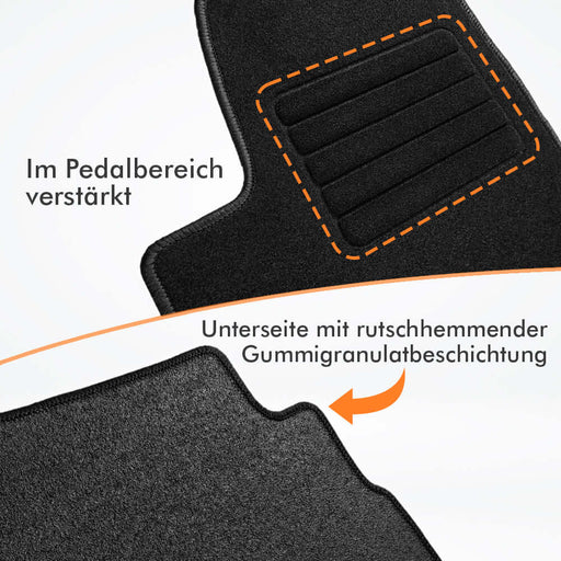 Detailaufnahme von Textil Fussmatte mit rutschhemmender Unterseite und verstärktem Pedalbereich.
