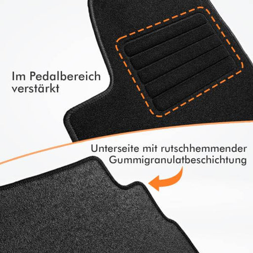 Textil Fussmatte für VW ID.7 mit verstärktem Pedalbereich und rutschhemmender Gummigranulatunterseite.