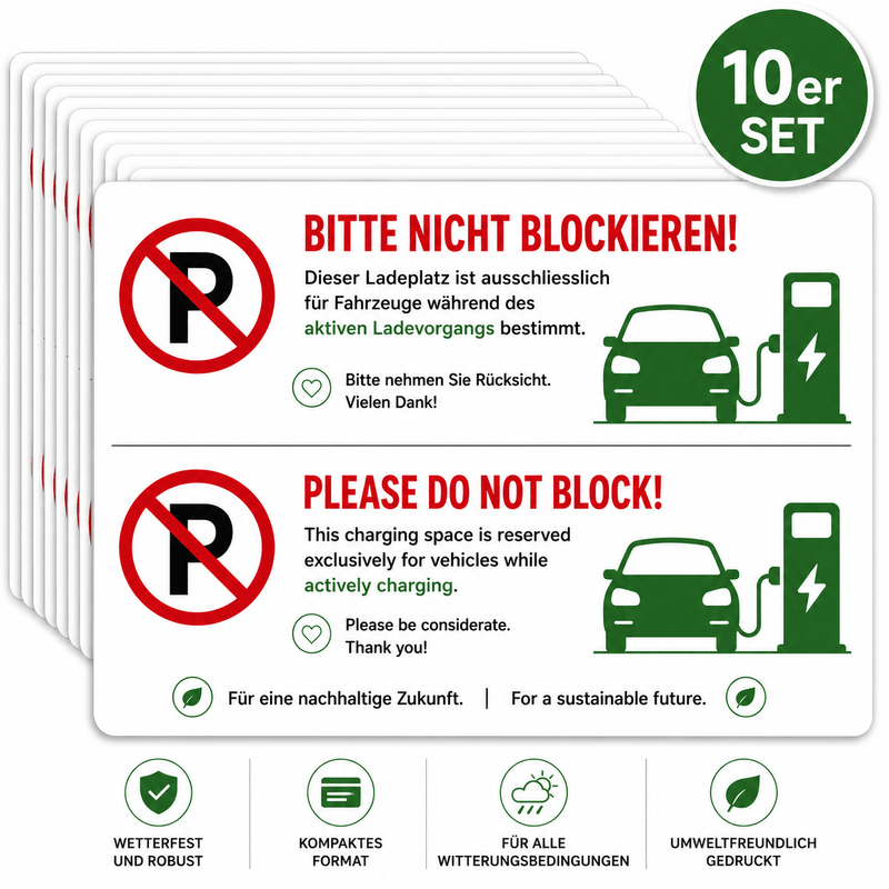 Hinweiskarten für blockierte Elektroauto-Ladeplätze (DE/EN) – 10er-Set | e-car-shop.ch