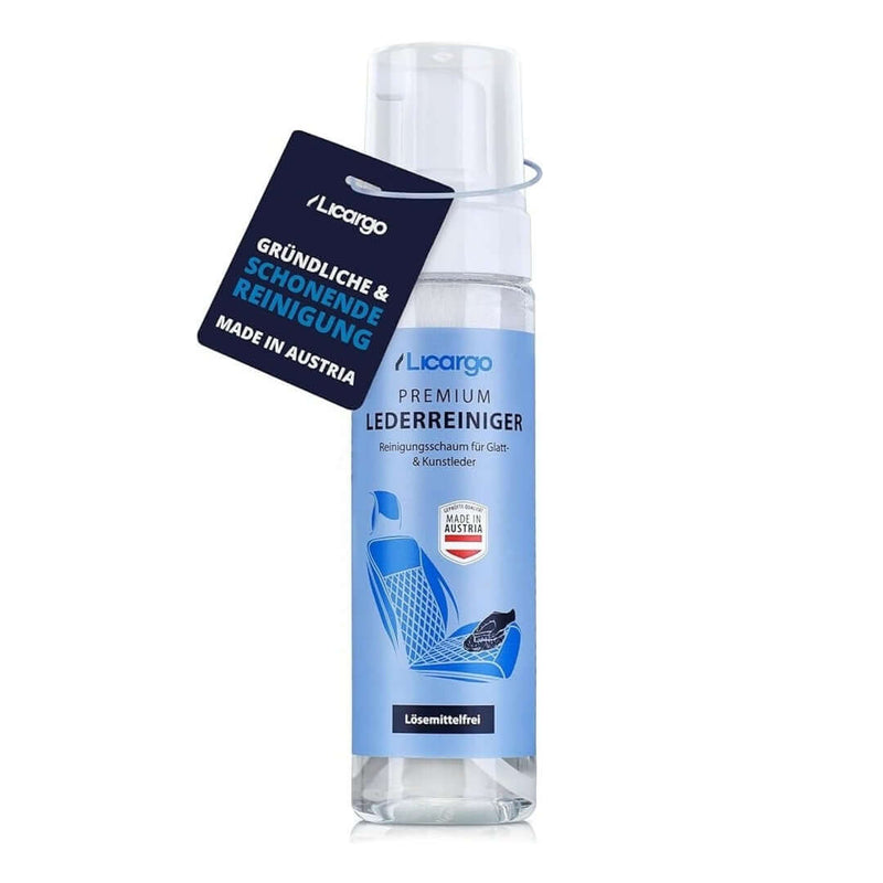 Lederreiniger Auto – Reinigungsschaum für Glatt- & Kunstleder – 200ml in einer blauen Flasche mit praktischem Pumpspender.