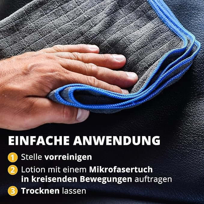 Lederreiniger Auto – Reinigungsschaum für Glatt- & Kunstleder – 200ml Anwendung mit Mikrofaserhandtuch