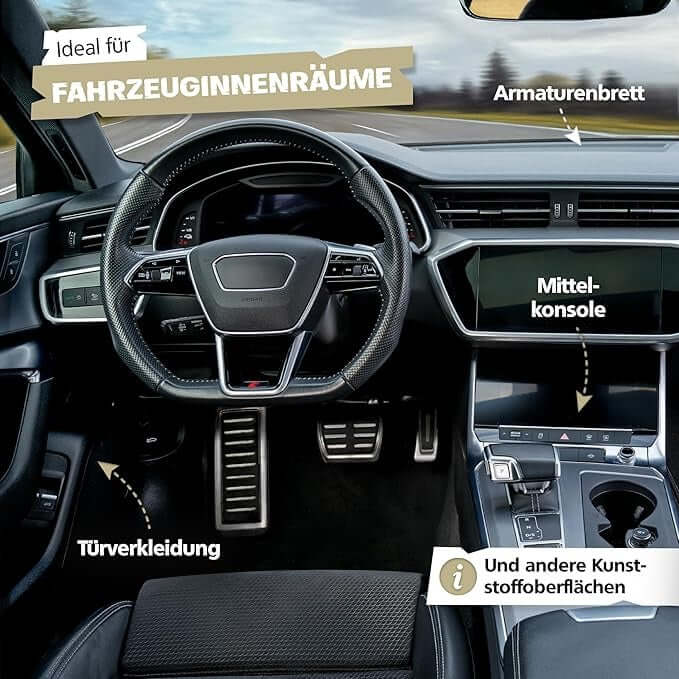 Kunststoff – Tiefenpflege & UV-Schutz - 250ml Anwendung im Fahrzeuginnenraum, Armaturenbrett, Mittelkonsolen, Türverkleidungen.