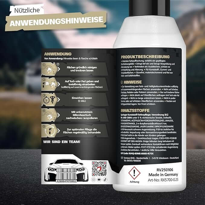 Kunststoff – Tiefenpflege & UV-Schutz - 250ml Produktanwendungshinweise und Inhaltsstoffe auf der Flasche.